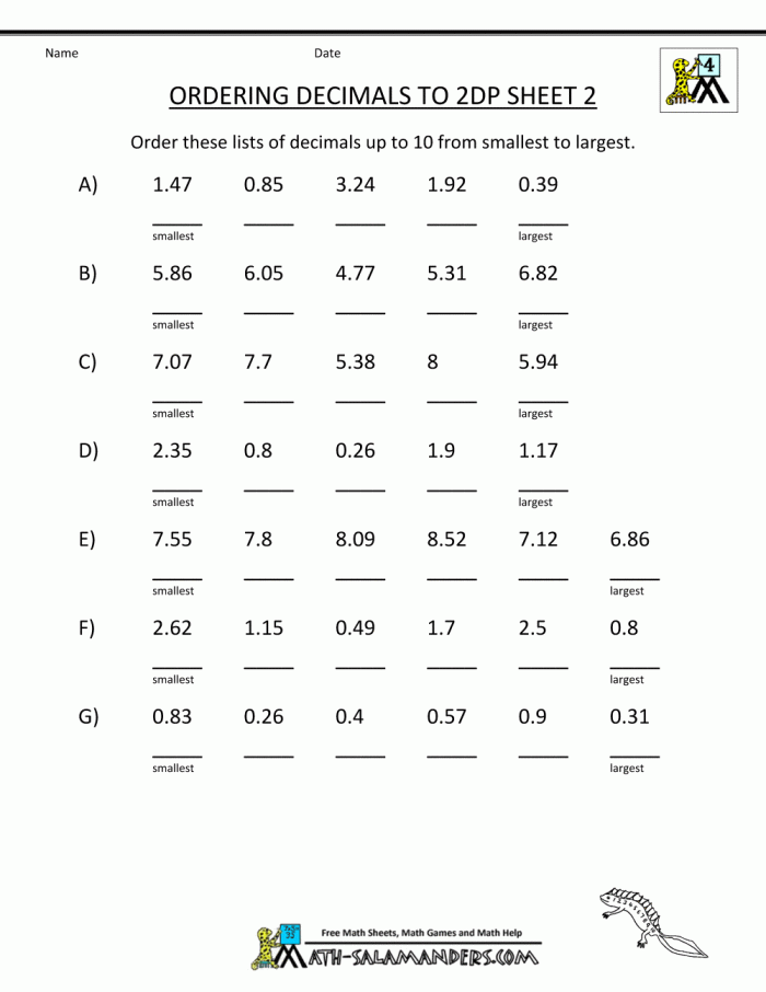 Fifth grade math worksheet featuring decimal number line exercises for ordering values