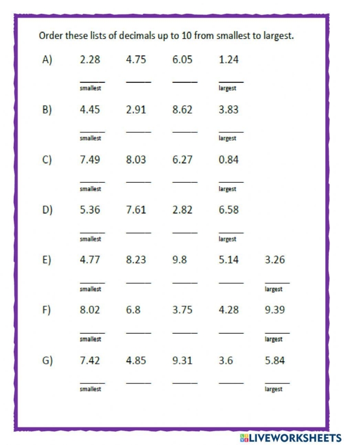 Fifth grade math worksheet showing decimal numbers arranged on a number line for ordering practice