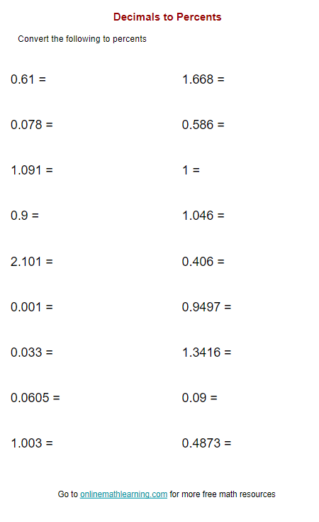 Converting Decimals to Percents Worksheet Eight Fourth grade worksheet for practicing decimal and percent conversions