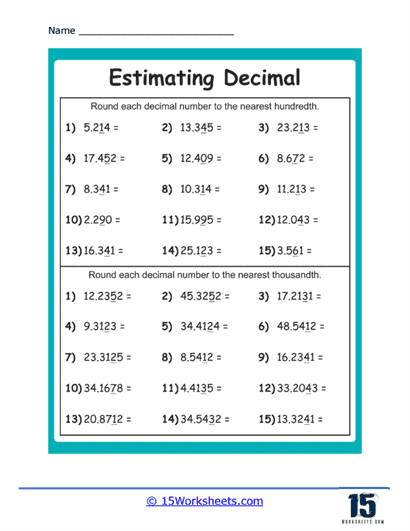 Fourth grade math worksheet showing decimal rounding and percent conversion practice problems with visual examples