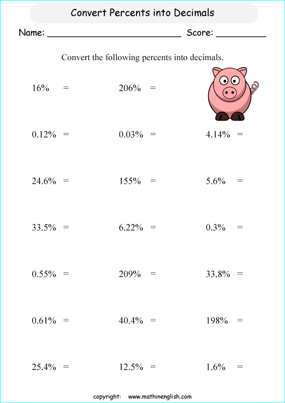 Fourth grade math worksheet showing decimal rounding exercises and decimal to percent conversion problems for students to practice estimating skills