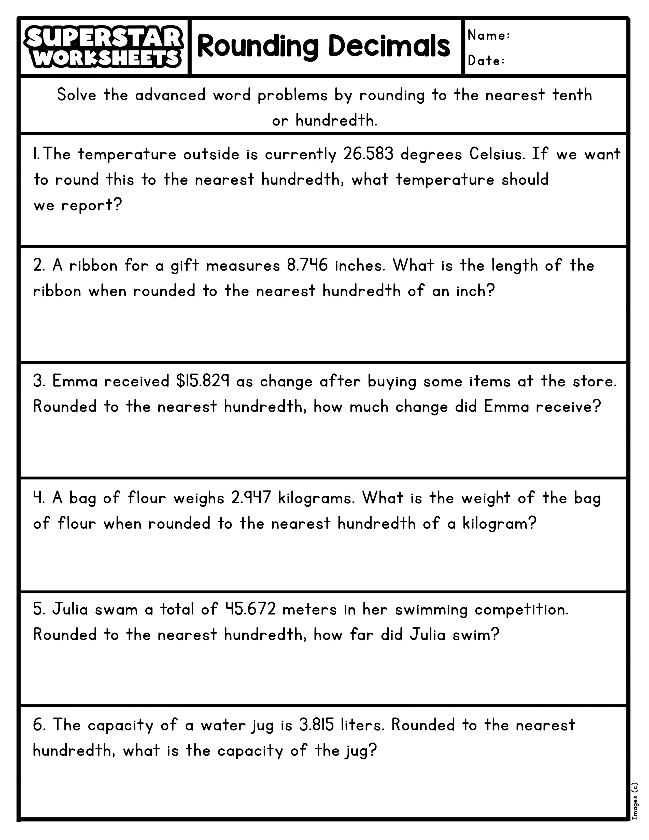 Rounding Decimals Practice Worksheet 18 for Elementary Math Learners Fifth grade math worksheet showing decimal rounding exercises with comparison activities for students to practice place value skills