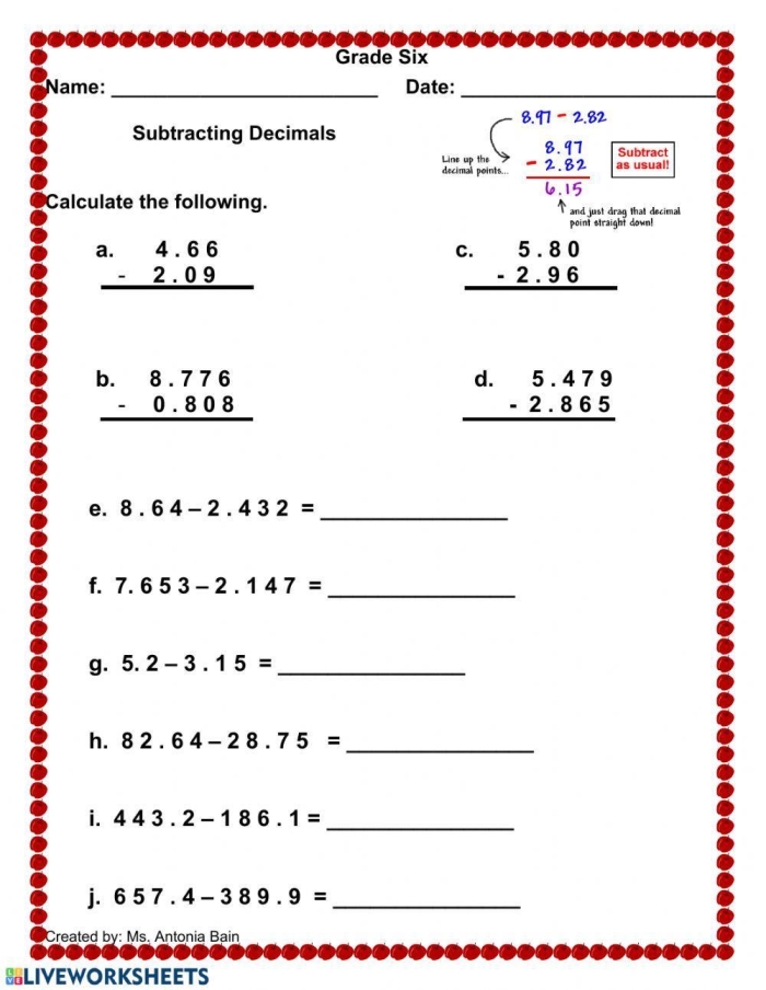 Fifth grade math worksheet focused on practicing decimal subtraction problems