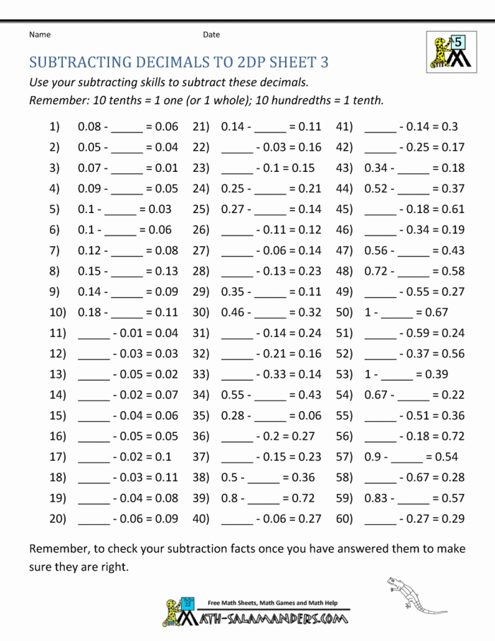 Fifth grade math worksheet showing decimal subtraction practice problems with step-by-step examples for students to solve