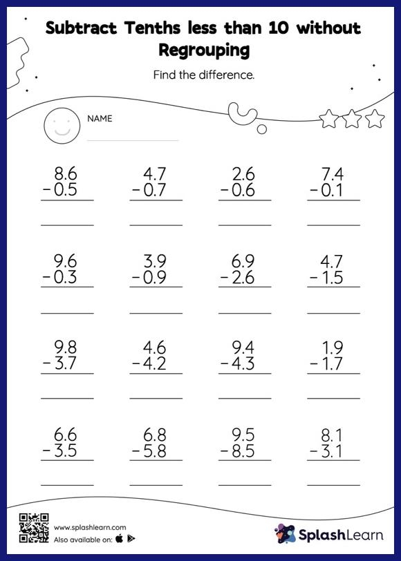 Fifth grade math worksheet showing decimal subtraction problems with step-by-step examples and practice exercises for students