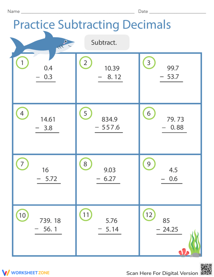Fifth grade math worksheet featuring problems for practice subtracting decimals in the data and graphing category