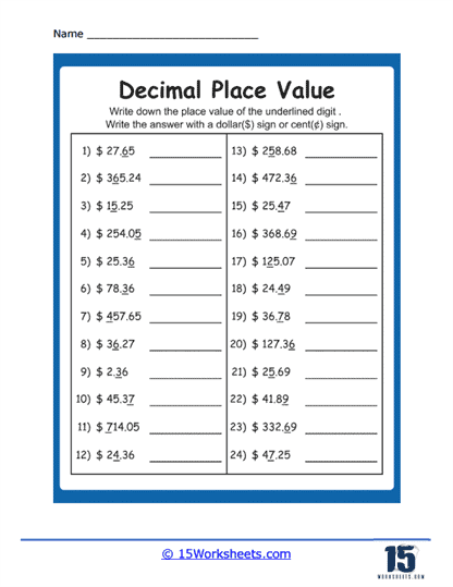 Fourth grade math worksheet showing decimal tenths place values with visual fraction models and conversion exercises