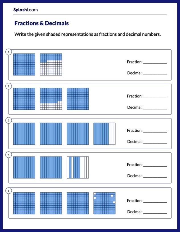Decimals to Fractions worksheet for fourth graders featuring a decimal and multiple fraction options