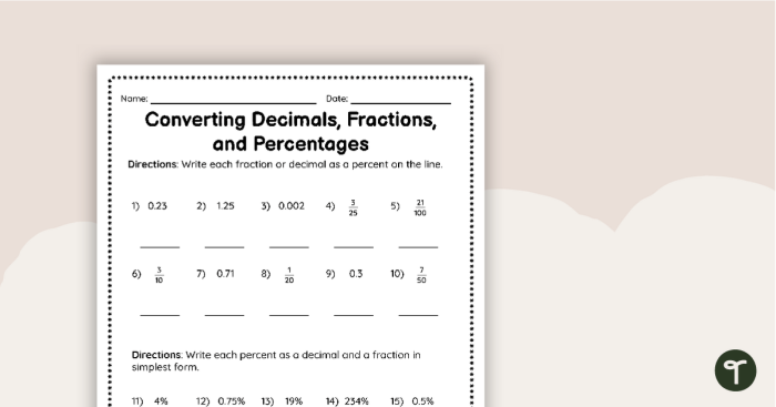 Converting Decimals to Percents Worksheet 19 Fourth grade math worksheet featuring practice problems for converting decimals to percents and back again