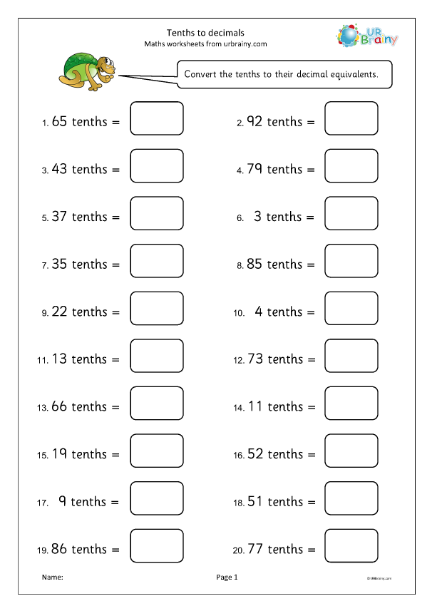 Fourth grade math worksheet showing decimal tenths place value with visual fraction models and number lines for understanding tenths concepts