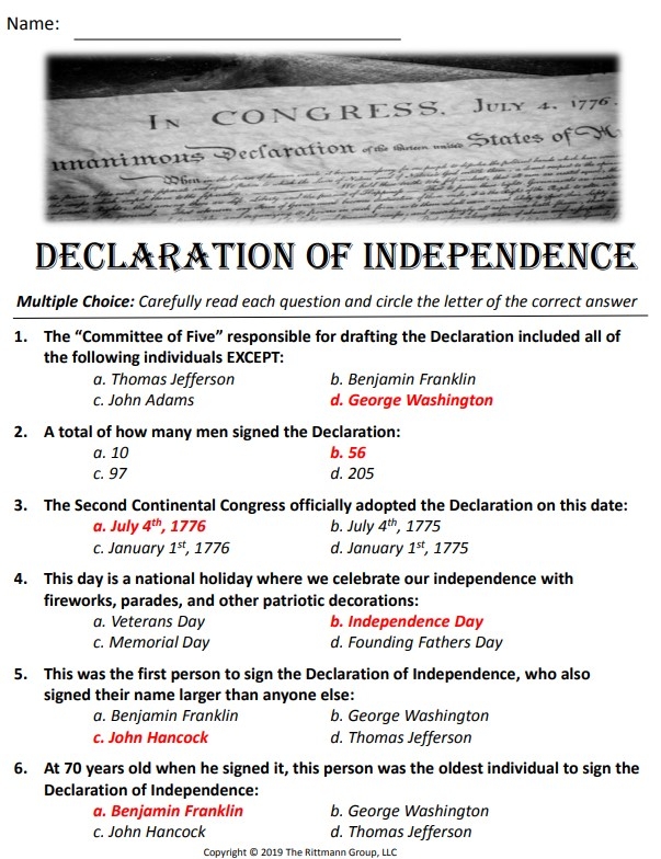 Worksheet for analyzing the Declaration of Independence aimed at sixth graders