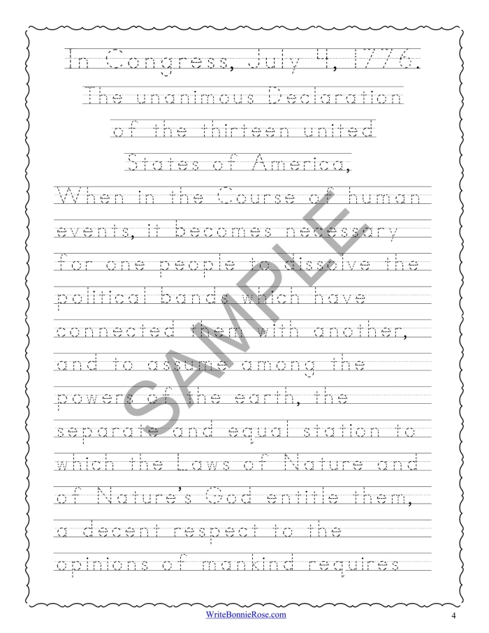 The Declaration of Independence worksheet for third graders focusing on sentence completion