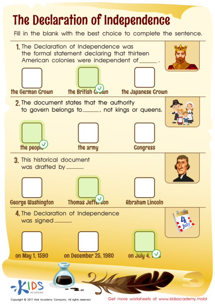 Sixth grade student analyzing the primary source text of the Declaration of Independence on a printed worksheet