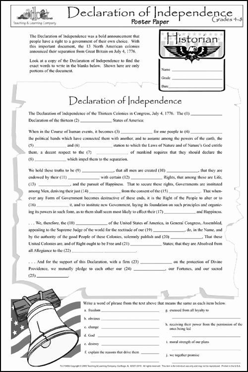 Third grade worksheet featuring The Declaration of Independence for sentence completion