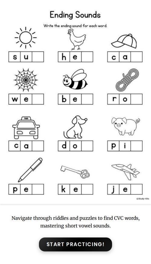 Third grade student worksheet focusing on decoding words by identifying beginning and ending sounds