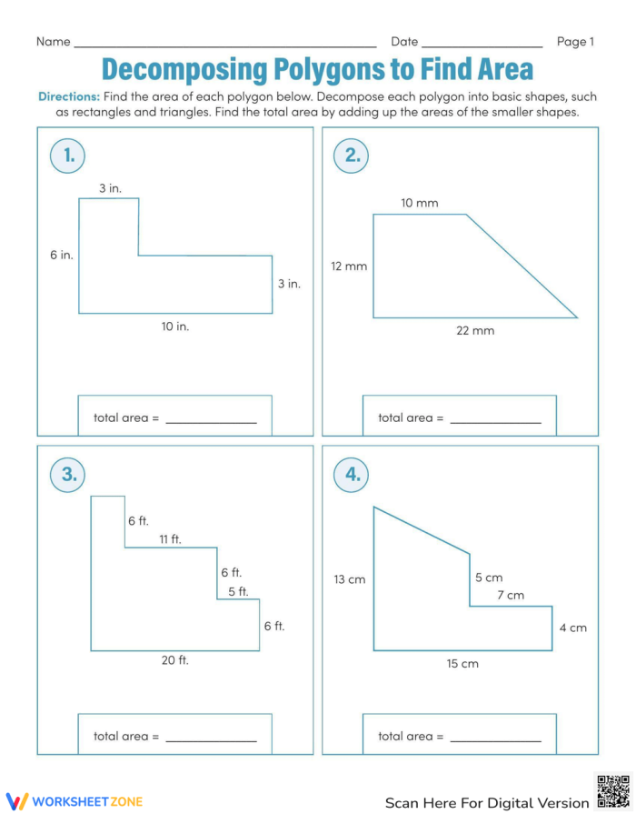 Worksheet featuring decomposing polygons for area calculation