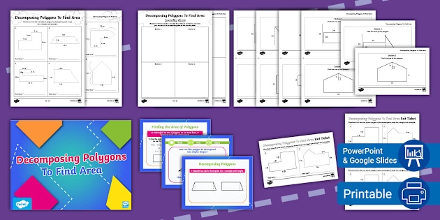 Worksheet demonstrating the decomposition of polygons to calculate area for sixth graders