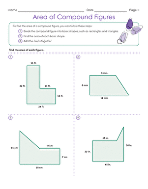 Sixth grade math worksheet featuring step-by-step problems for decomposing polygons to find area