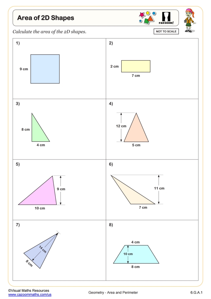Sixth grade math worksheet showing students how to calculate the area of complex polygons by decomposing them into simple shapes