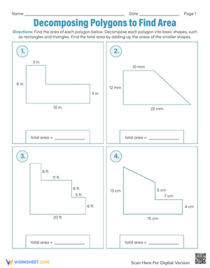 Decomposing polygons to calculate area on a sixth-grade math worksheet