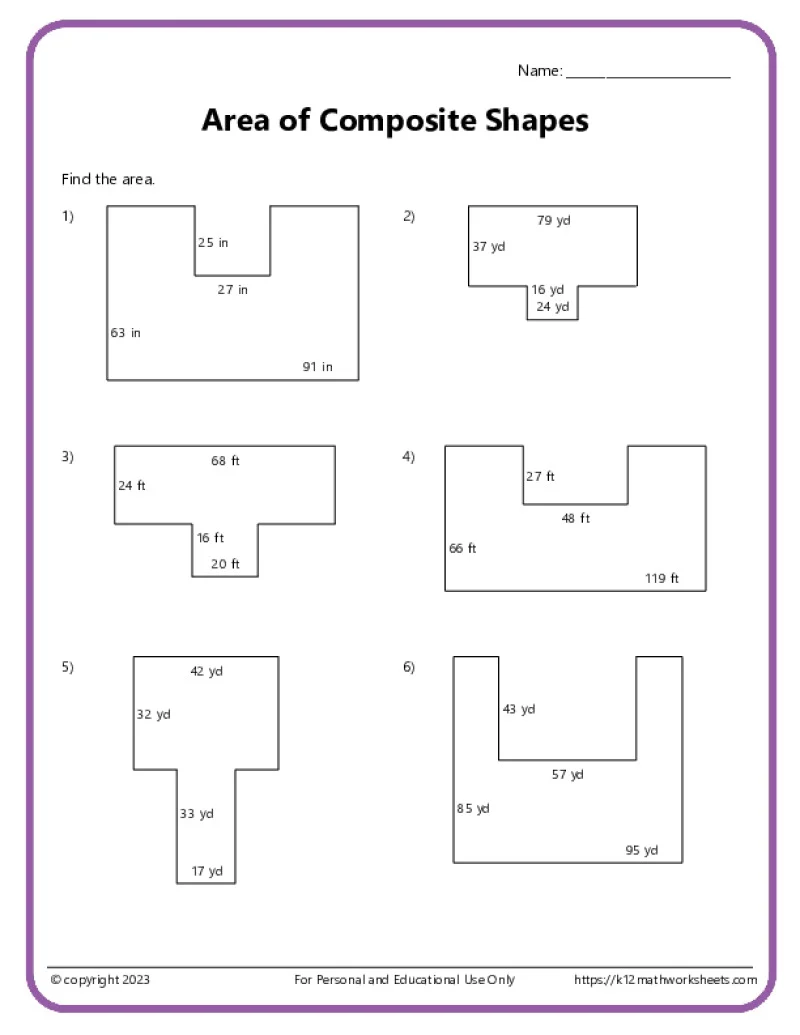 Decomposing polygons to calculate area in a sixth-grade geometry worksheet