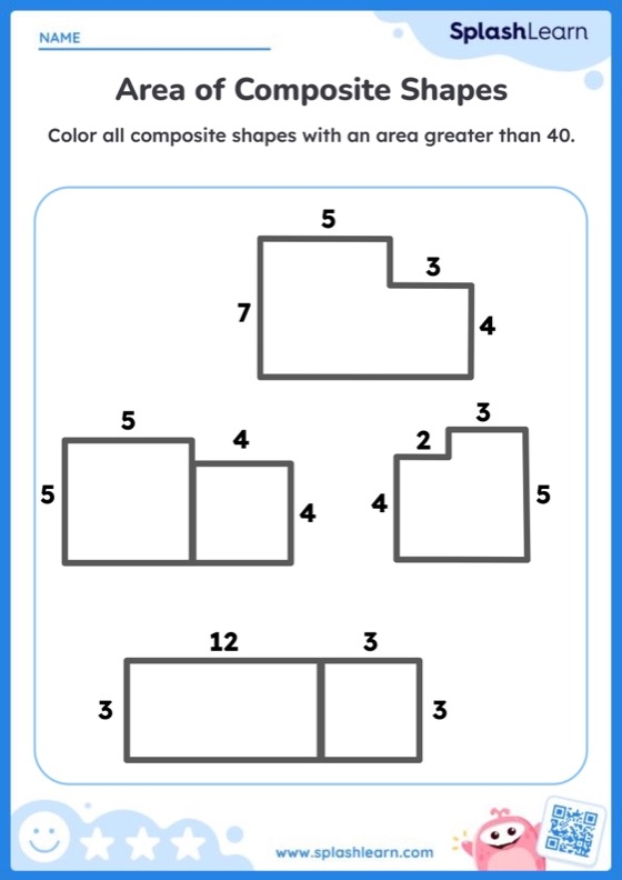 Worksheet illustrating the decomposition of polygons to calculate area for sixth-grade students