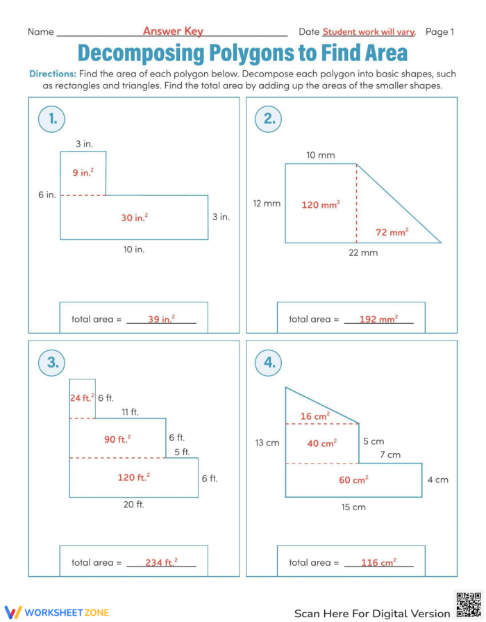 Colorful worksheet for sixth graders on decomposing polygons to calculate area