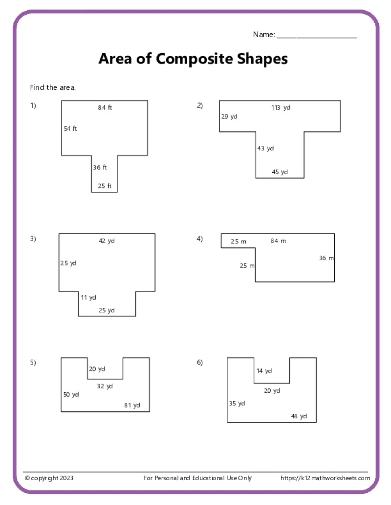 Worksheet featuring decomposing polygons to calculate area for sixth graders