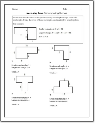 Decomposing polygons for area calculation in a sixth-grade math worksheet