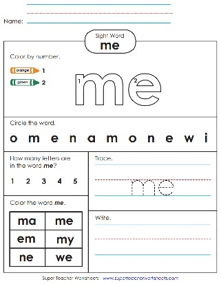 Fun decoupage worksheet for the sight word "me" designed for Pre-K learners