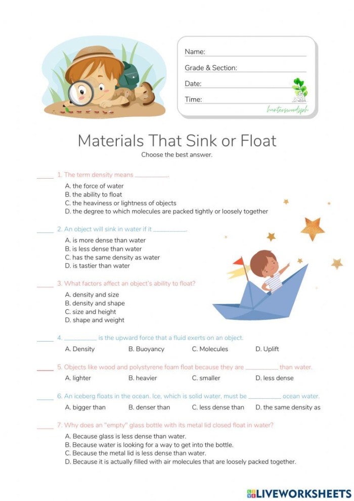Worksheet for fourth graders exploring the density of salt water using food coloring. Educational activity illustrating a hands-on experiment with salt water and fresh water.