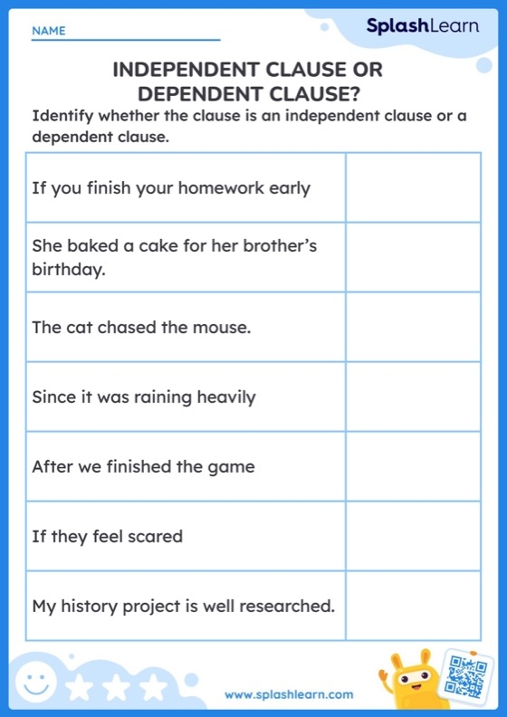 Seventh grade grammar worksheet focusing on identifying independent and dependent clauses in complex sentences