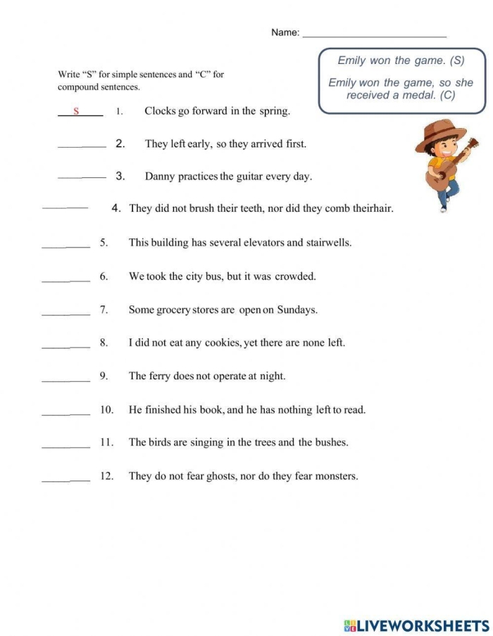 Seventh-grade grammar worksheet focusing on identifying dependent and independent clauses in complex sentences