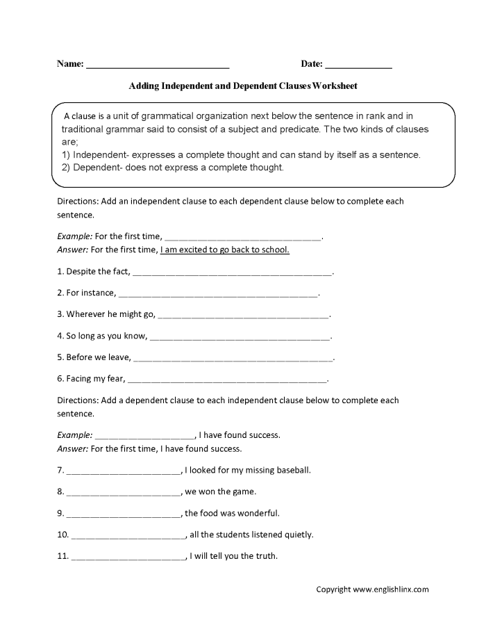 Seventh grade grammar worksheet for identifying dependent and independent clauses in complex sentences