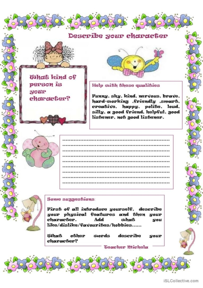 Mixed Operations worksheet for First Grade First grade students engage in character analysis with a colorful Describe a Character worksheet. Worksheet image featuring a graphic organizer for young readers' character exploration.