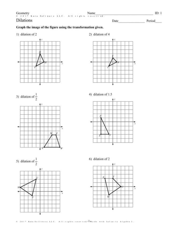 Describing Dilations Worksheet for Eighth Grade Geometry Lesson 6 Eighth grade geometry worksheet featuring practice exercises on describing dilations on a coordinate plane