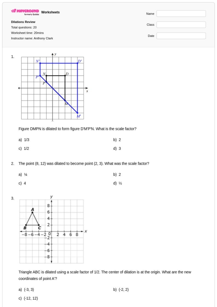 Describing Dilations Worksheet for Eighth Grade Geometry 7 Eighth grade geometry worksheet featuring practice problems for describing dilations on a coordinate plane
