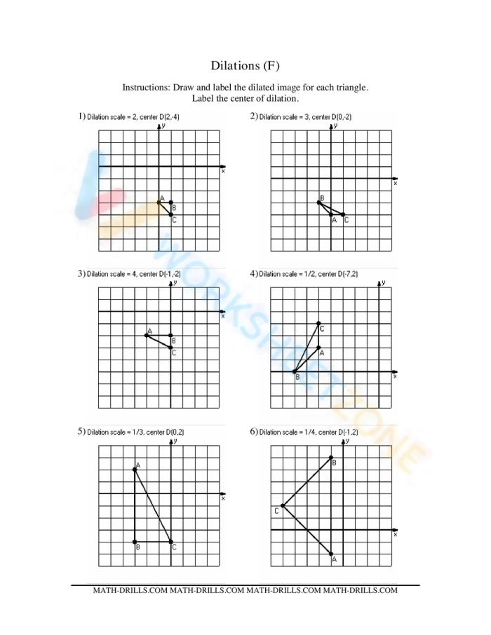 Describing Dilations worksheet for enhancing geometry skills Worksheet illustrating the concept of dilations on a coordinate plane for eighth-grade students