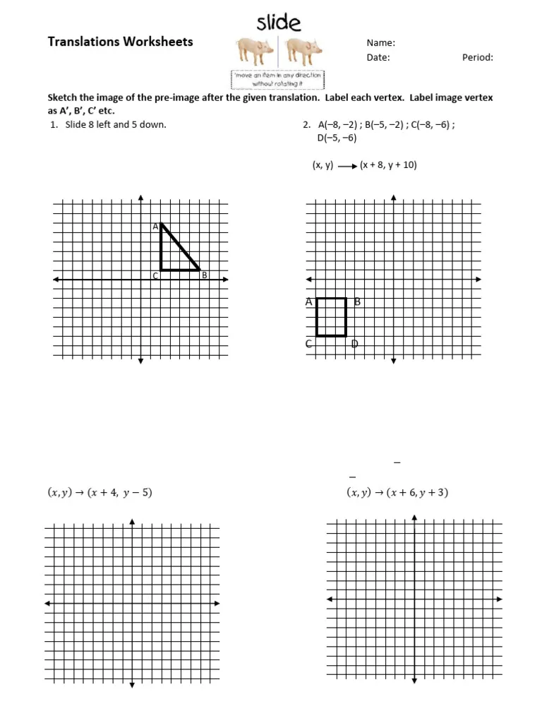 Describing Translations Worksheet for Eighth Grade Geometry Eighth grade geometry worksheet featuring practice problems for describing translations on a coordinate plane