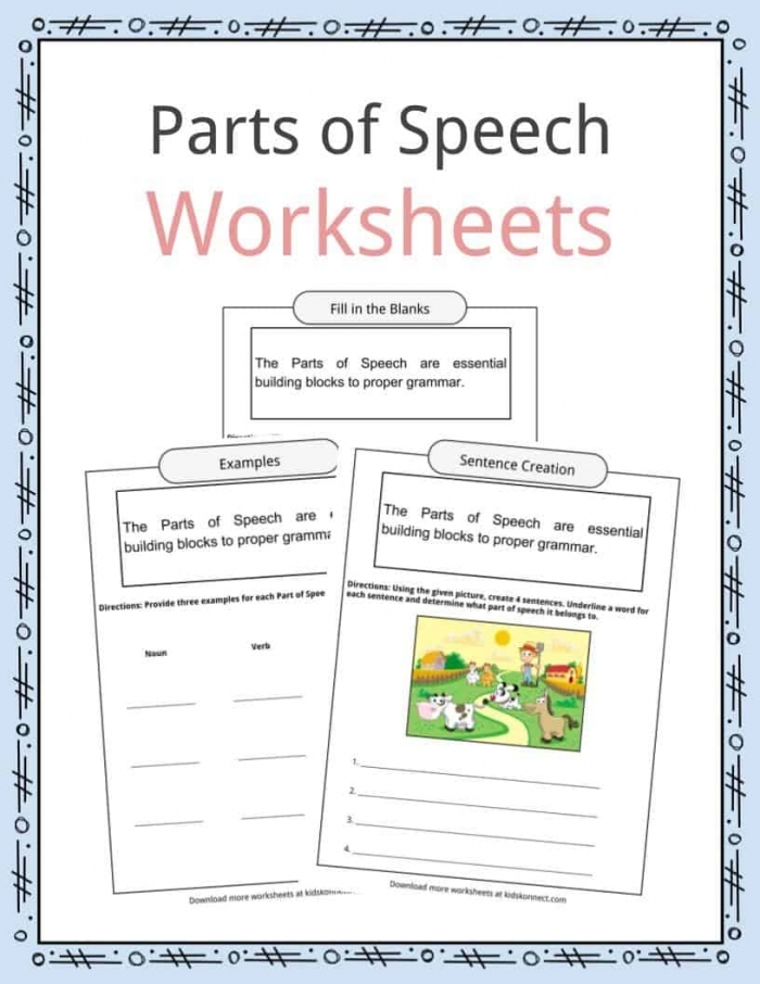 Fifth grade worksheet exercise showing adjectives and adverbs with practice sentences for identifying descriptive words and their corresponding nouns and verbs