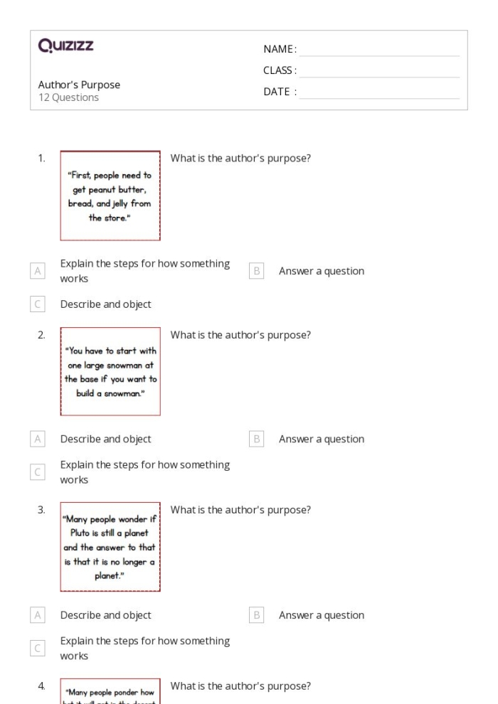 Detecting the Author's Purpose activity for grammar and mechanics education Worksheet illustrating the author's purpose with 12 text examples for fourth graders