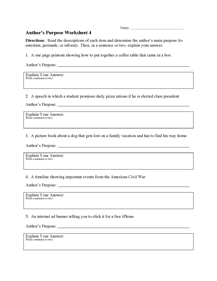 Visual guide for the Detecting the Author's Purpose worksheet, image 16 Worksheet illustrating how to categorize texts by author's purpose using the PIE acronym for fourth graders