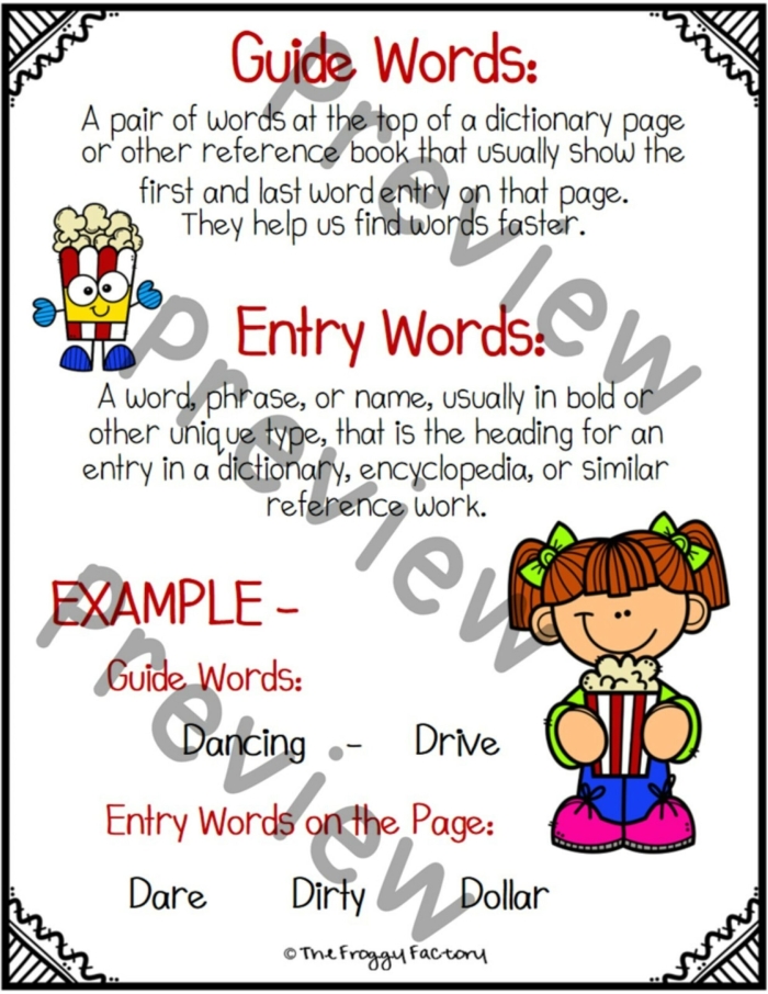 Second grade worksheet for practicing dictionary skills by matching specific words to their correct guide word page ranges