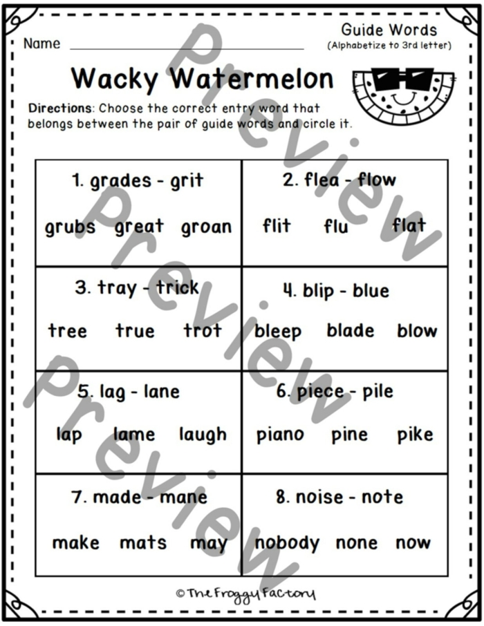 Second grade student worksheet featuring an exercise on matching words to dictionary guide words