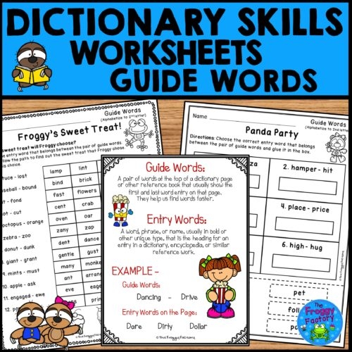 Second grade students practicing dictionary skills by matching words to guide words on worksheet page 18