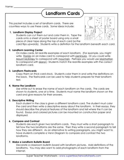 A fourth grade geography worksheet asking students to match definitions to images of different landforms.