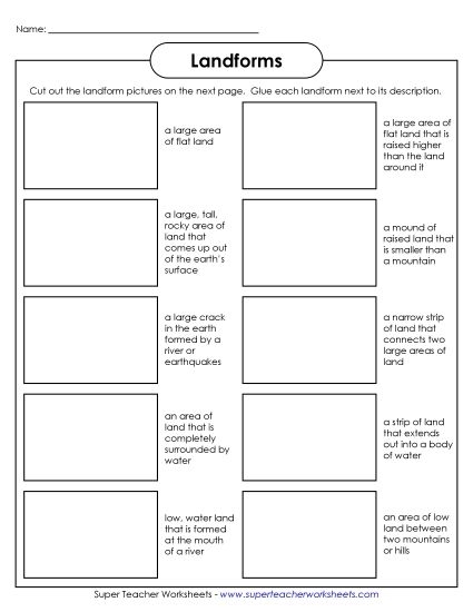 Different Landforms worksheet for Fourth Grade