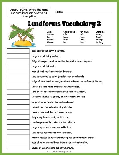 Fourth grade geography worksheet featuring a matching activity about various landforms
