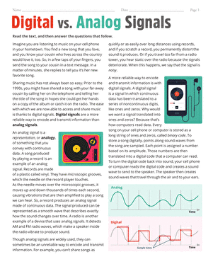 Digital versus Analog Signals Science Worksheet for Sixth Grade Students Sixth grade science worksheet explaining the differences between digital and analog signal types