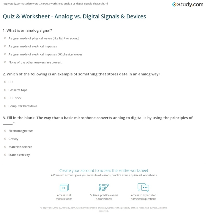 Digital vs Analog Signals Worksheet 10 Science Practice Sixth grade science worksheet covering digital vs analog signals concepts